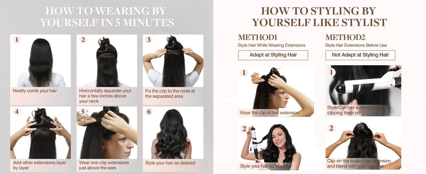 Extensiones Cortina 5 CLIP 100%  Cabello Humano ©️ Tono Negro Natural 1B (66 CM)