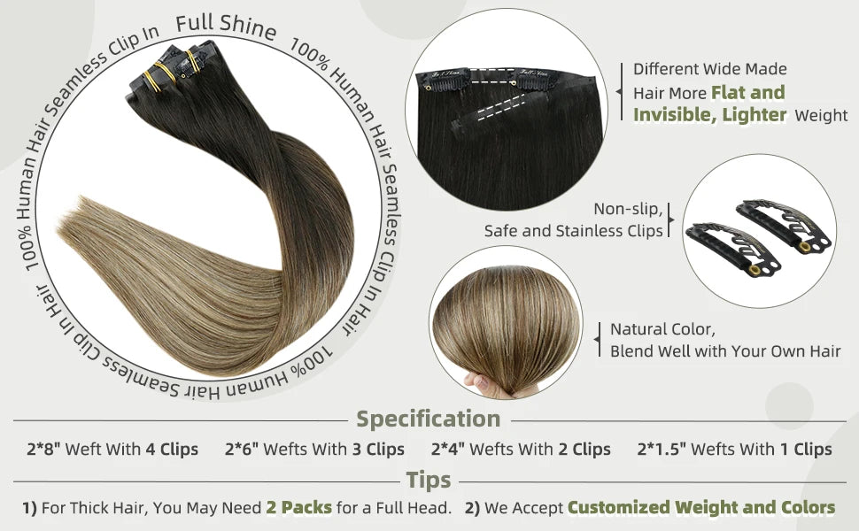 Extensiones de cabello humano 100% Premium 55 cm Largo con Clip sin costuras 120 Gr