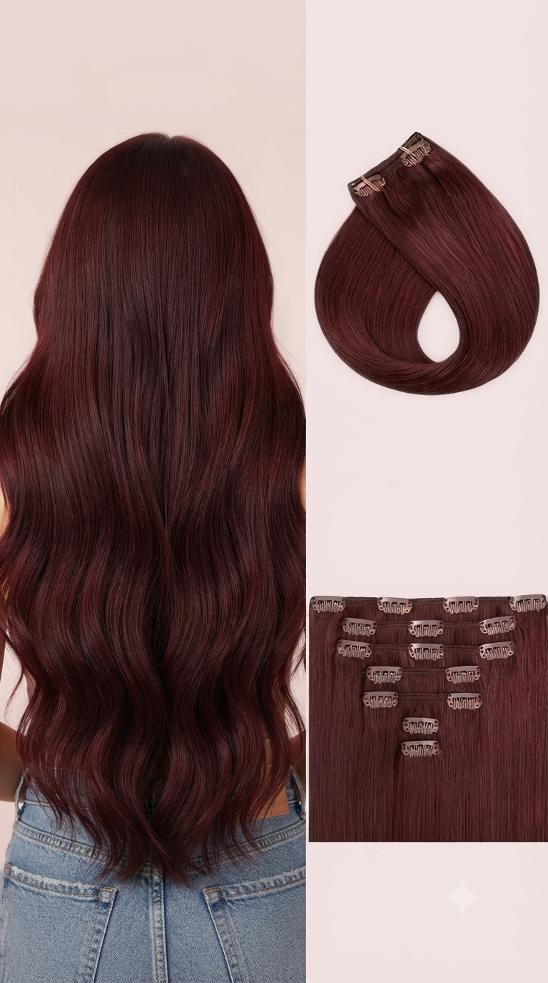 Extensiones por Capas Borgoña 99J Cabello 100% Natural©️ 60 cm Largo