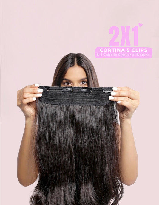 2X1 🛍️ EXTENSIONES CORTINA 5 Clip 60 cm Largo CABELLO 100% Similar al Cabello Natural 🥇
