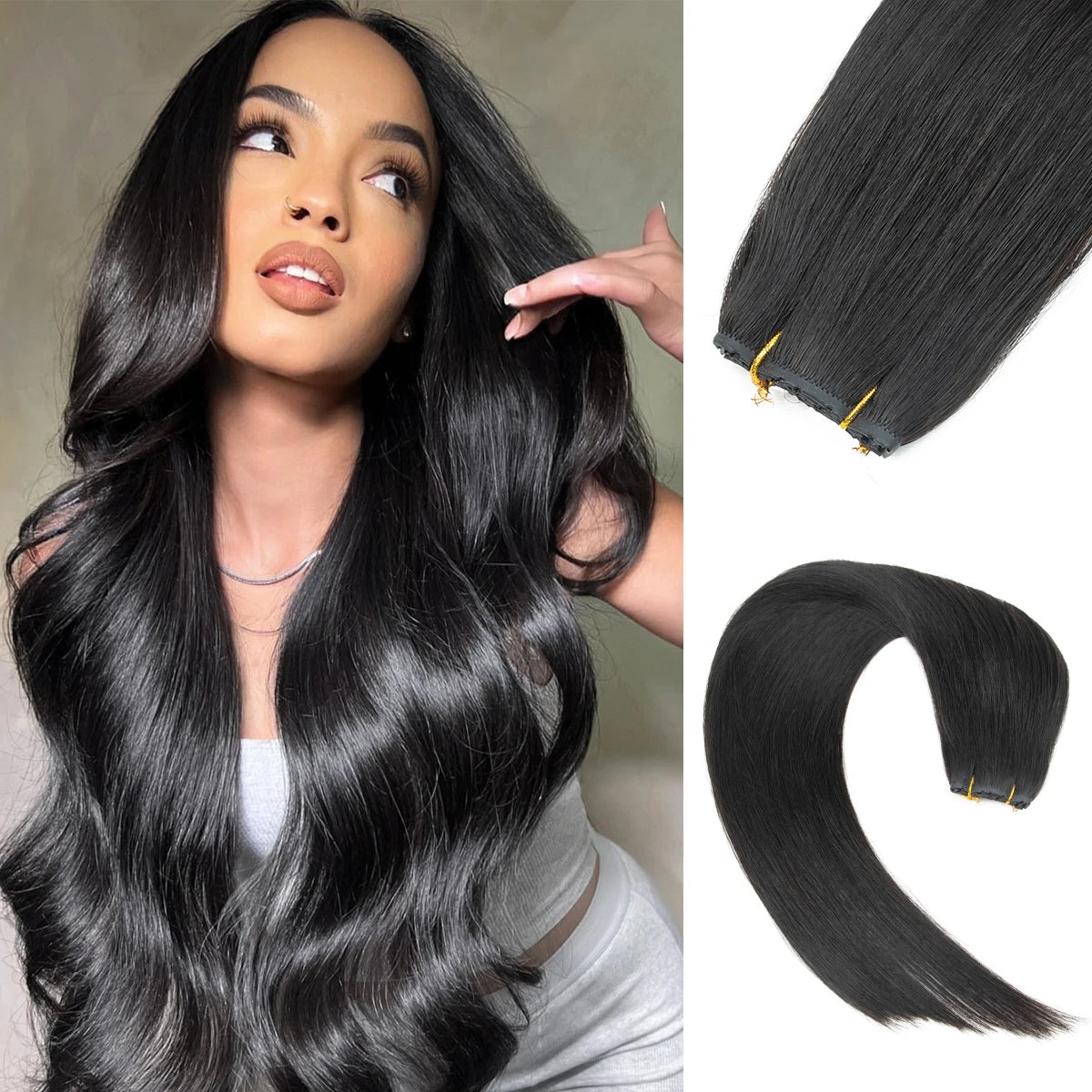 Extensiones de cabello Virgen 100% Natural con trama de mariposa  Invisible 60 cm largo