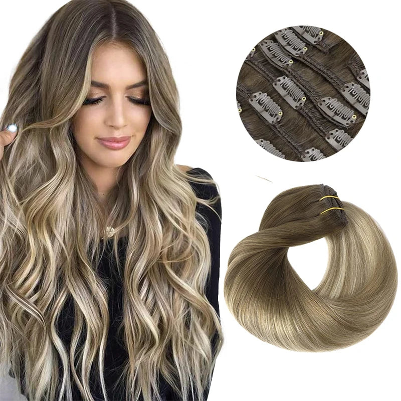 BALAYAGE Extensiones por Capas Clip  55 cm largo Cabello Virgen 100 % Natural