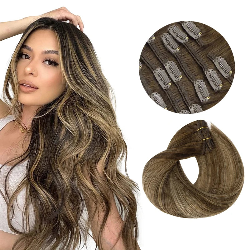 BALAYAGE Extensiones por Capas Clip  55 cm largo Cabello Virgen 100 % Natural