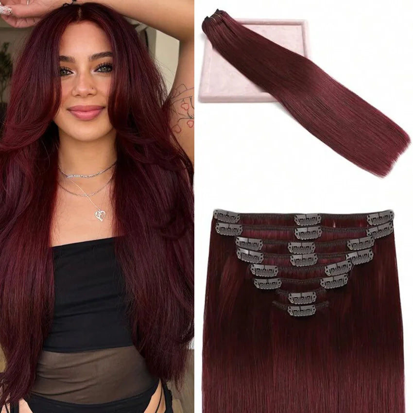 Extensiones por Capas Borgoña 99J Cabello 100% Natural©️ 60 cm Largo
