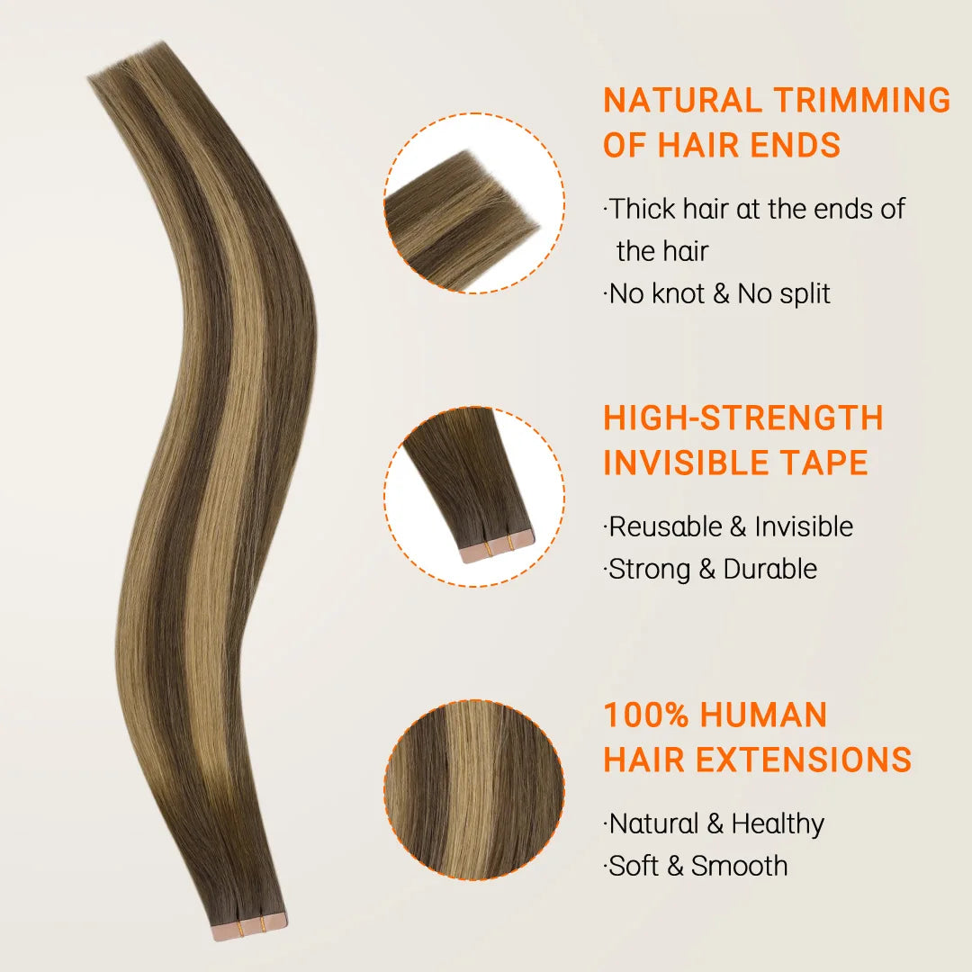 Extensiones Adhesivas Balayage 60 cm de largo Cabello Natural ©️ 100% Virgen