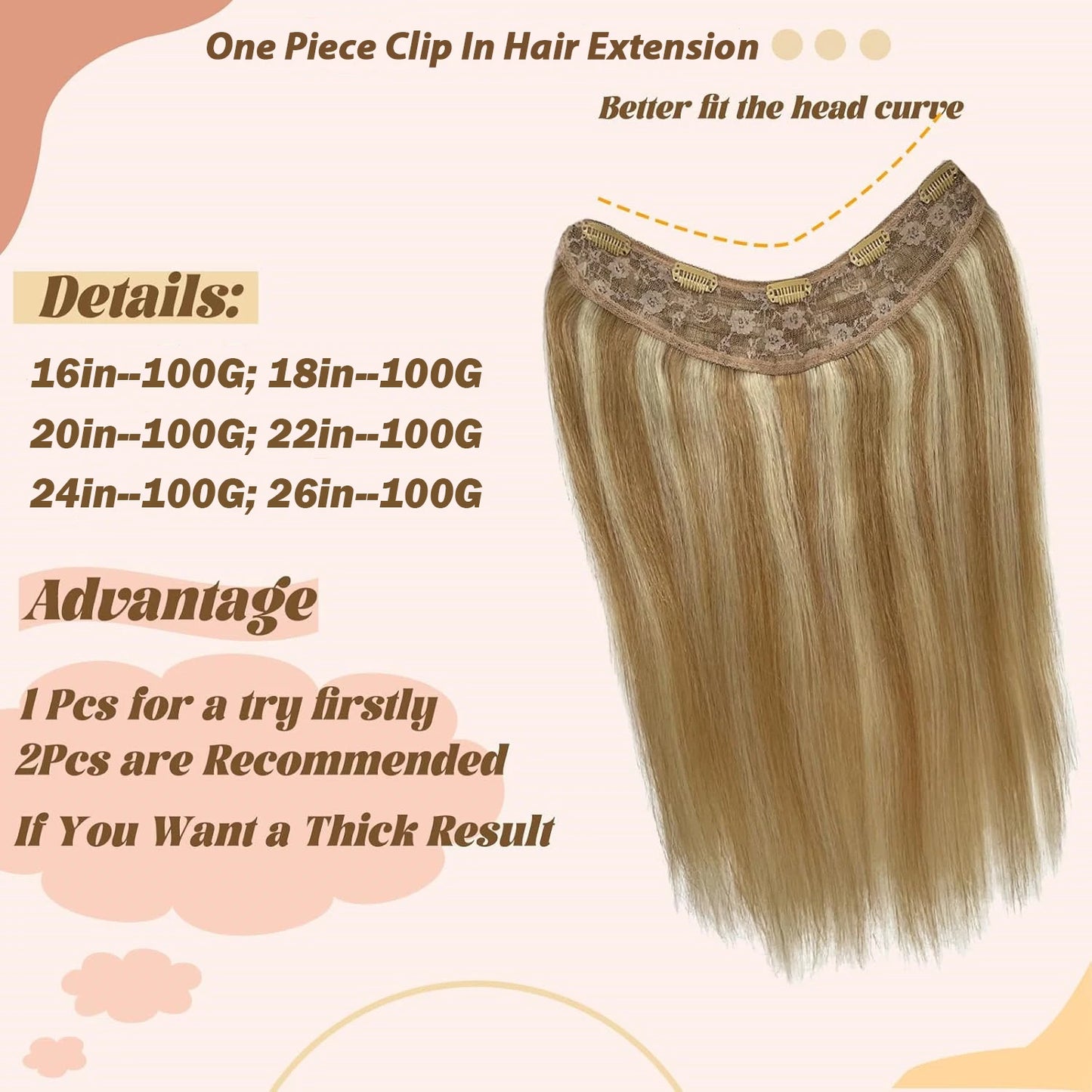 BALAYAGE Maxi Cortina 66 cm Cabello Humano 100% Natural tono rubio 8/613