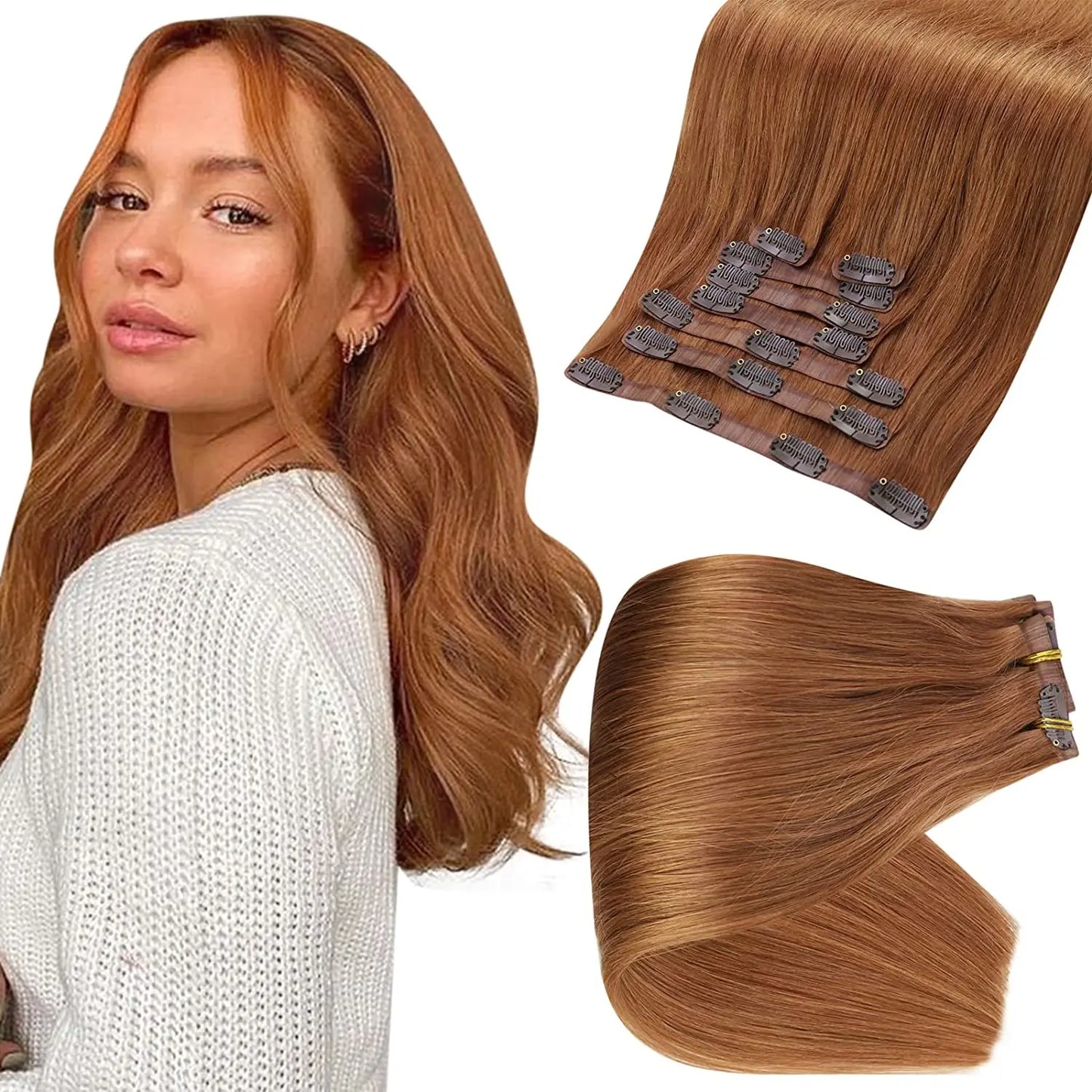 Extensiones de cabello humano 100% Premium 55 cm Largo con Clip sin costuras 120 Gr