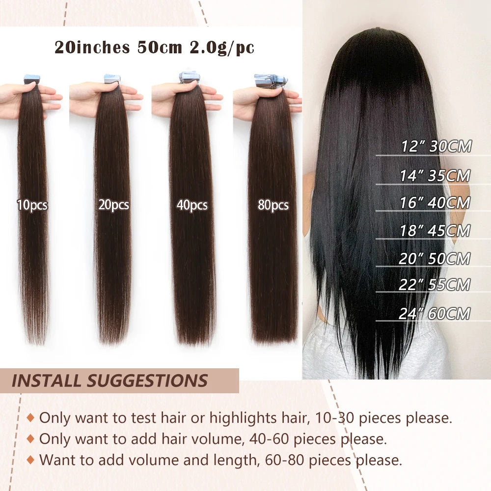Pack 20 Mechas de  60 cm Largo  Cabello 100% Natural©️  Adhesiva doble cara