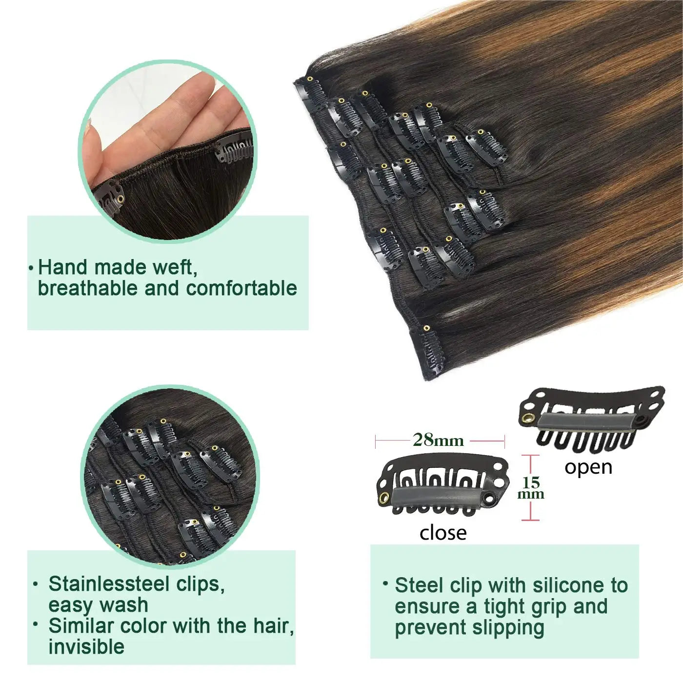 BALAYAGE Extensiones por Capas Clip  55 cm largo Cabello Virgen 100 % Natural