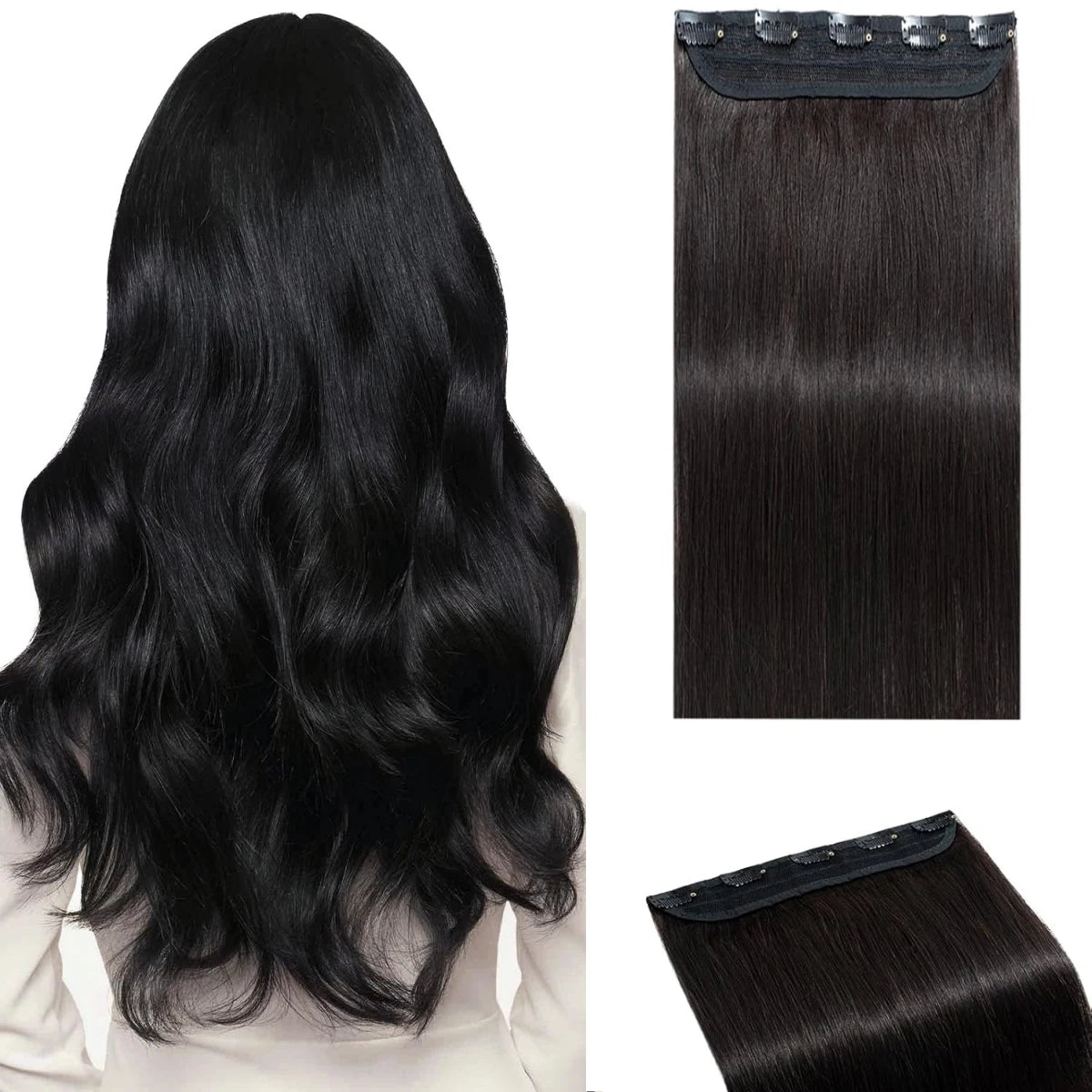 Extensiones Cortina 5 CLIP 100%  Cabello Humano ©️ Tono Negro Natural 1B (66 CM)