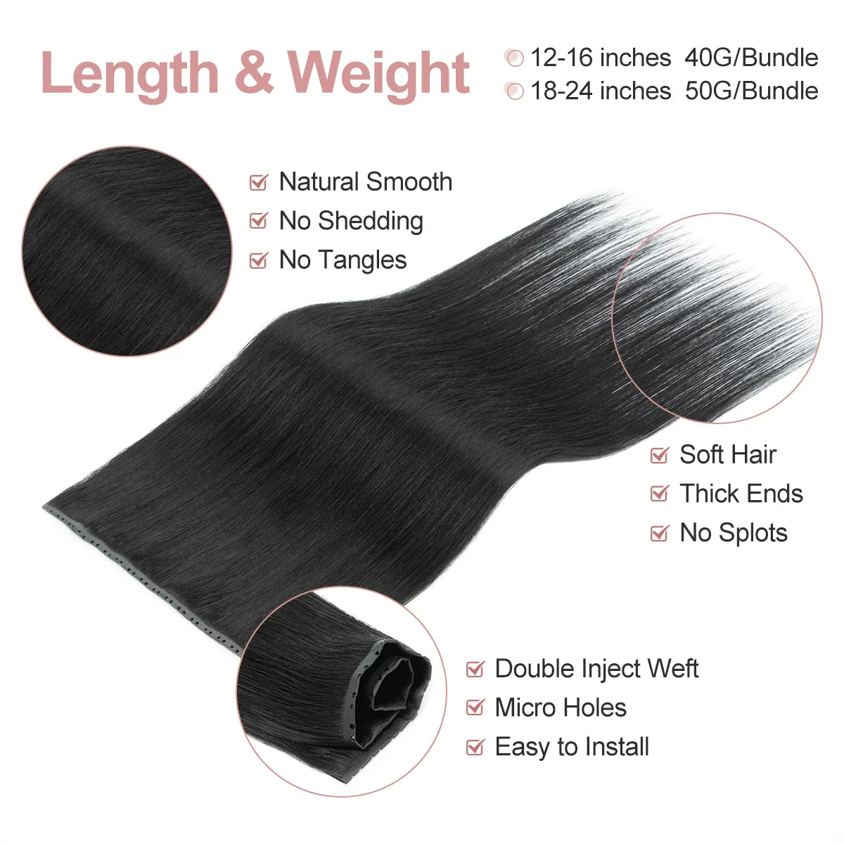 Extensiones de cabello Virgen 100% Natural con trama de mariposa  Invisible 60 cm largo
