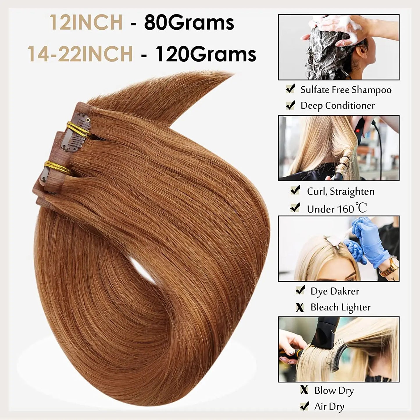Extensiones de cabello humano 100% Premium 55 cm Largo con Clip sin costuras 120 Gr
