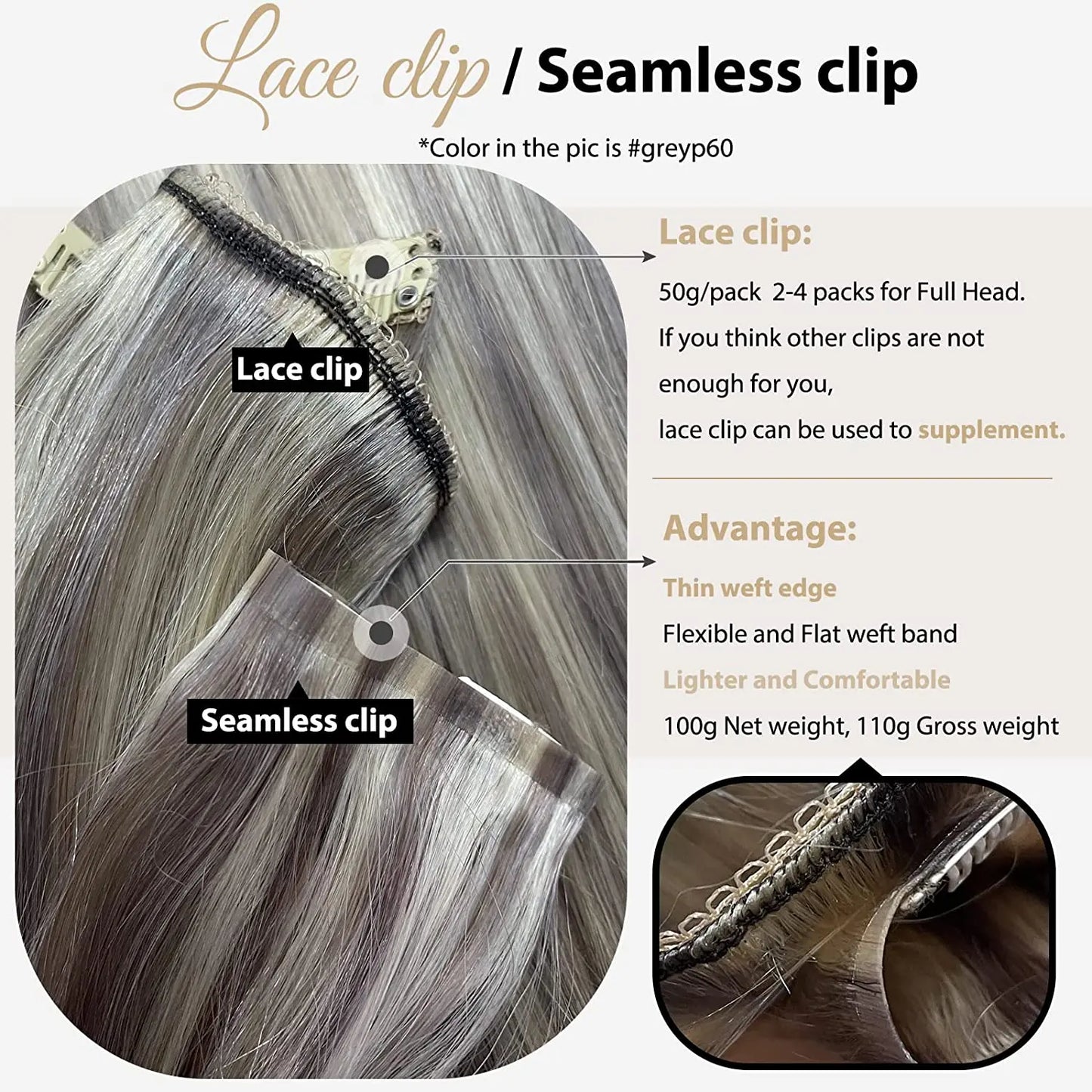 Extensiones de cabello humano 100% Premium 55 cm Largo con Clip sin costuras 120 Gr